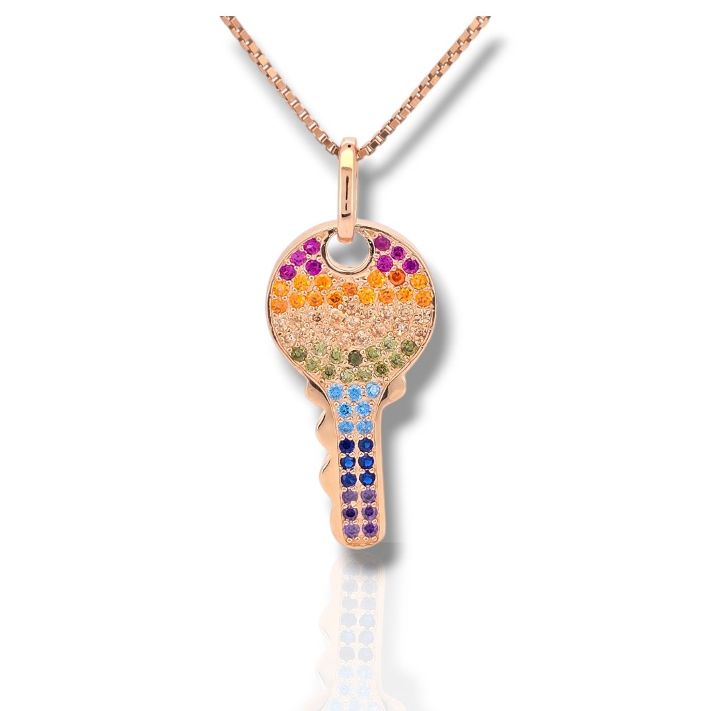 Ροζ χρυσό κολιέ σε σχήμα κλειδιού με πολύχρωμες πέτρες (code FCM002692)	